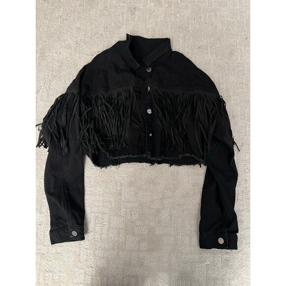 SHEIN Jackets & Blazers - Black Denim Cropped Jacket Fringed Western Style Long Sleeve‎